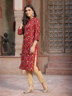 Juniper Women's Red Muslin Printed Straight Kurta | Grocsy