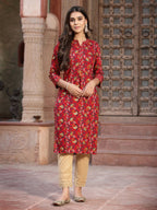 Juniper Women's Red Muslin Printed Straight Kurta | Grocsy