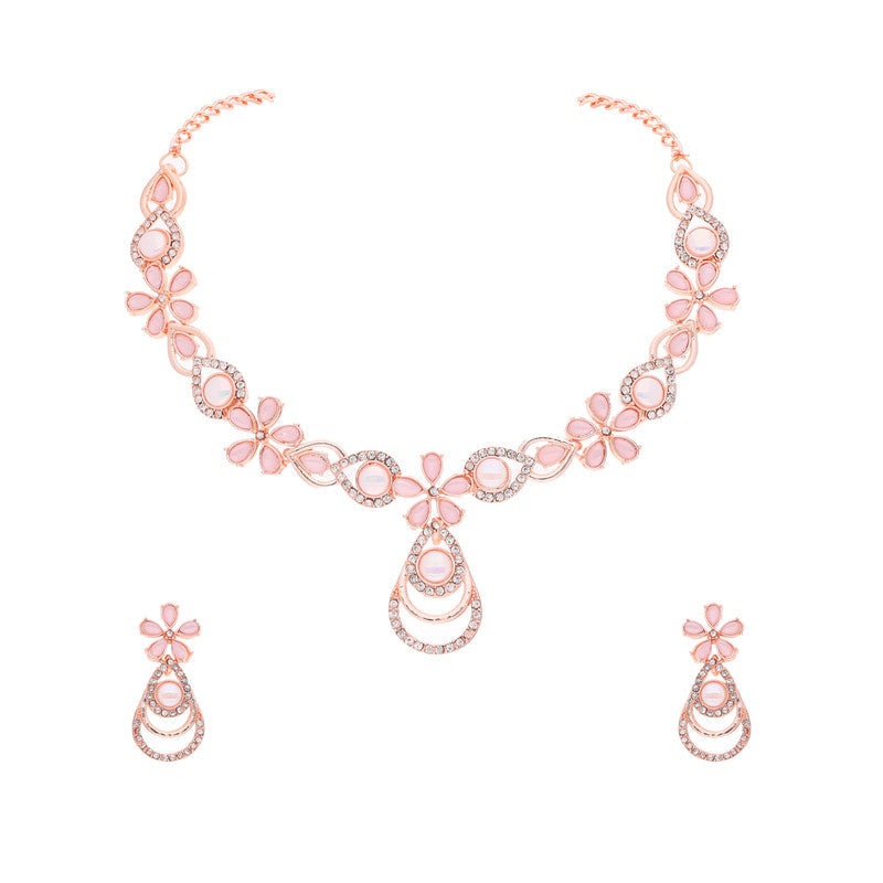 Tehzeeb Creations Rose Gold-Polished Baby Pink Colour Necklace With Stud | Grocsy
