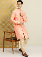 House of Pataudi Men Peach-Coloured Floral Embroidered A-Line Kurta | Grocsy