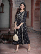 Juniper Women's Black Rayon Printed Embroidered Flared Dress | Grocsy