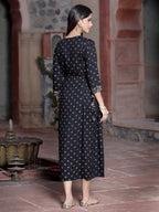 Juniper Women's Black Rayon Printed Embroidered Flared Dress | Grocsy