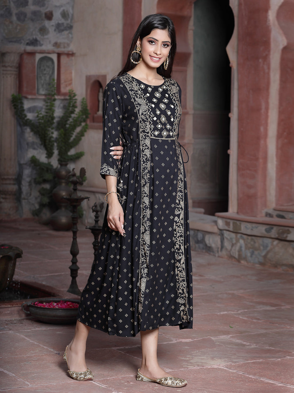 Juniper Women's Black Rayon Printed Embroidered Flared Dress | Grocsy