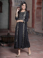Juniper Women's Black Rayon Printed Embroidered Flared Dress | Grocsy