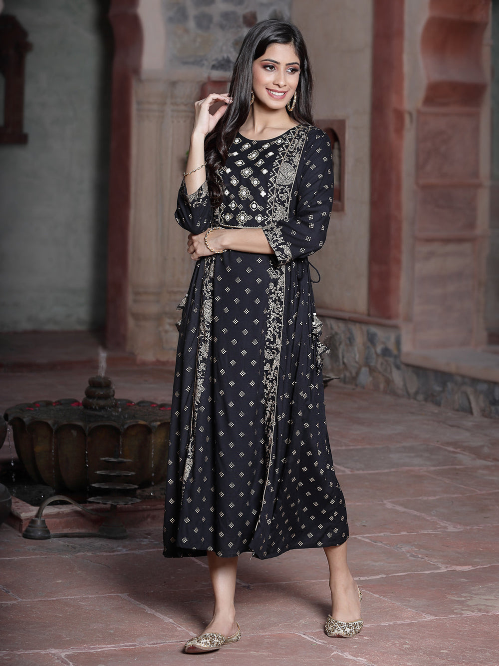 Juniper Women's Black Rayon Printed Embroidered Flared Dress | Grocsy
