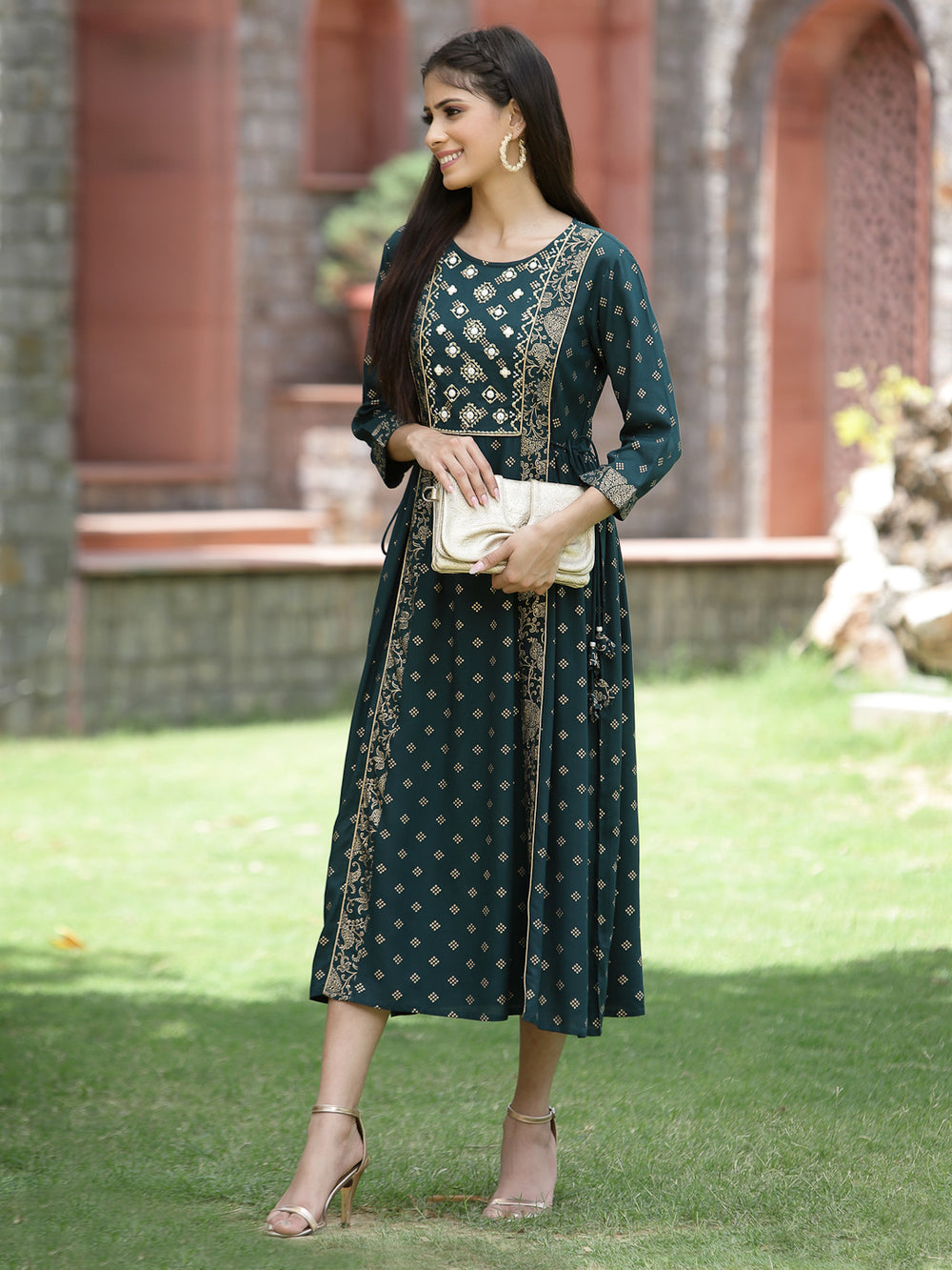 Juniper Bottle Green Rayon Festive Printed Embroidered Flared Dress For Women | Grocsy