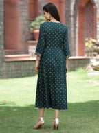 Juniper Bottle Green Rayon Festive Printed Embroidered Flared Dress For Women | Grocsy