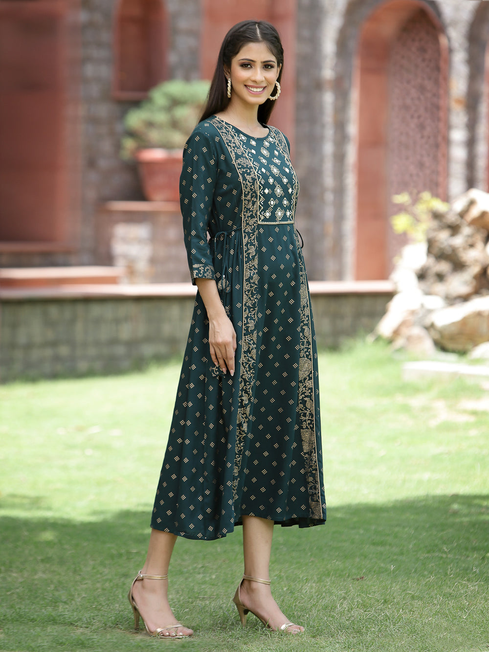 Juniper Bottle Green Rayon Festive Printed Embroidered Flared Dress For Women | Grocsy