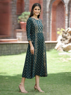 Juniper Bottle Green Rayon Festive Printed Embroidered Flared Dress For Women | Grocsy
