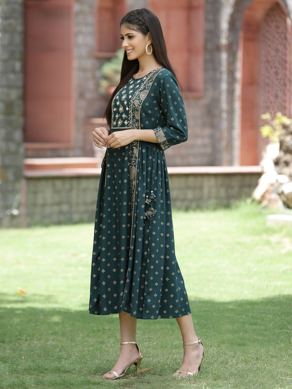 Juniper Bottle Green Rayon Festive Printed Embroidered Flared Dress For Women | Grocsy