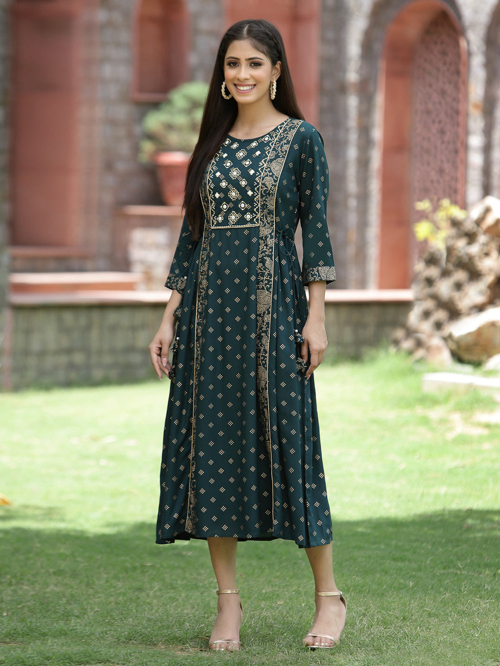 Juniper Bottle Green Rayon Festive Printed Embroidered Flared Dress For Women | Grocsy