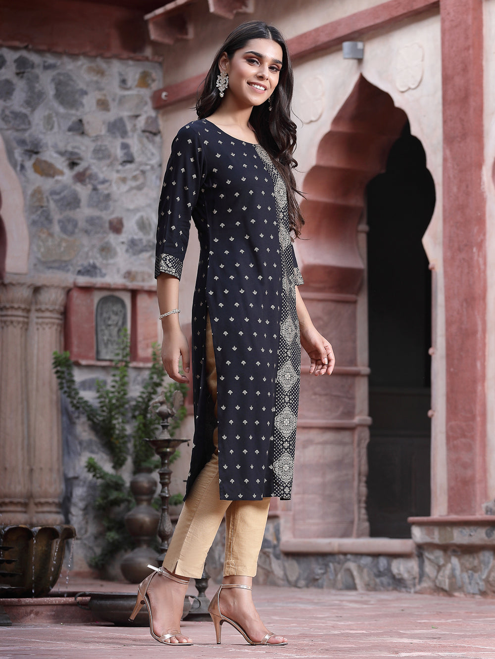 Juniper Women's Black Rayon Printed Straight Kurta | Grocsy