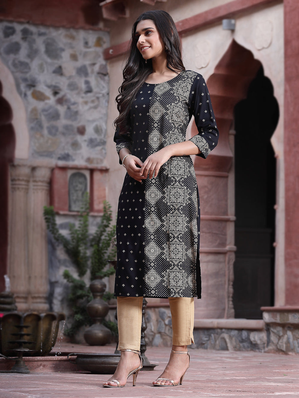 Juniper Women's Black Rayon Printed Straight Kurta | Grocsy