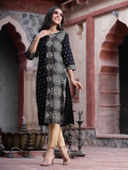 Juniper Women's Black Rayon Printed Straight Kurta | Grocsy