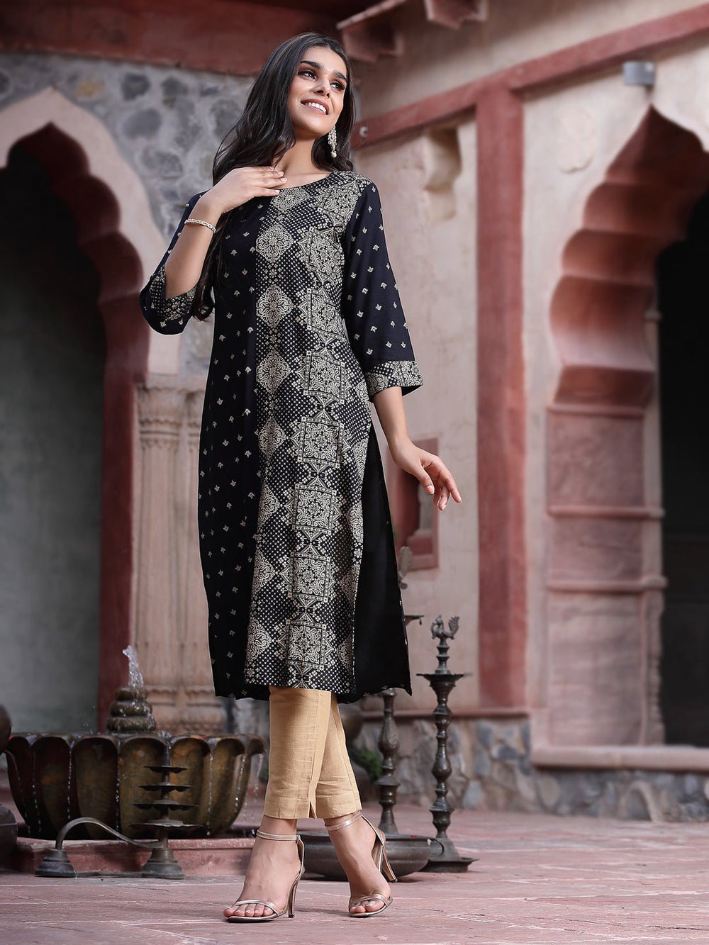 Juniper Women's Black Rayon Printed Straight Kurta | Grocsy