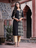 Juniper Women's Black Rayon Printed Straight Kurta | Grocsy