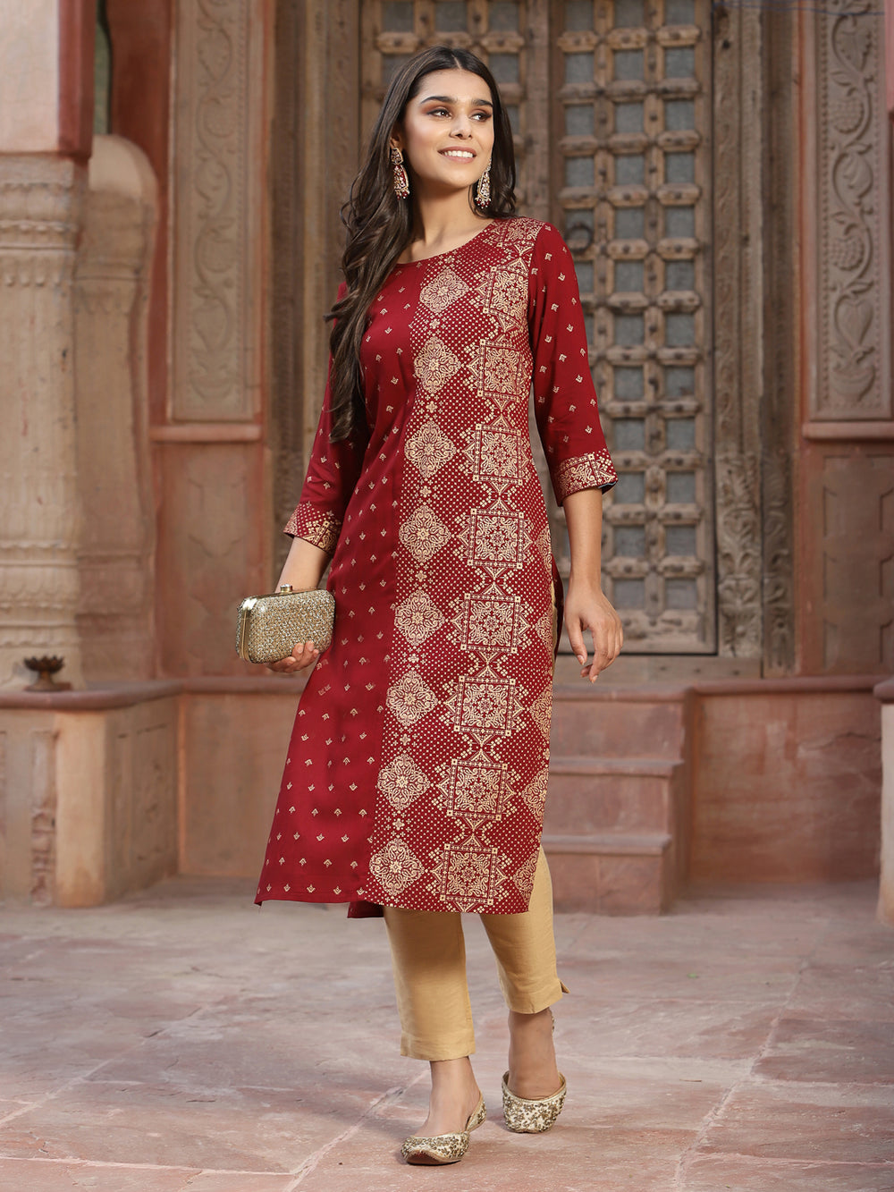 Juniper Women's Maroon Rayon Printed Straight Kurta | Grocsy