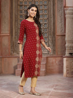 Juniper Women's Maroon Rayon Printed Straight Kurta | Grocsy