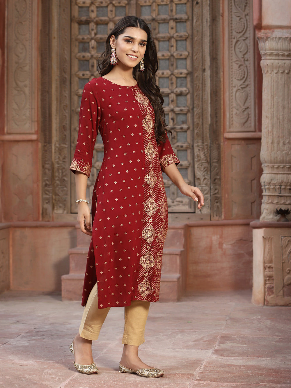 Juniper Women's Maroon Rayon Printed Straight Kurta | Grocsy
