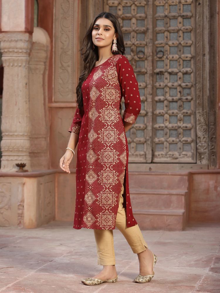 Juniper Women's Maroon Rayon Printed Straight Kurta | Grocsy