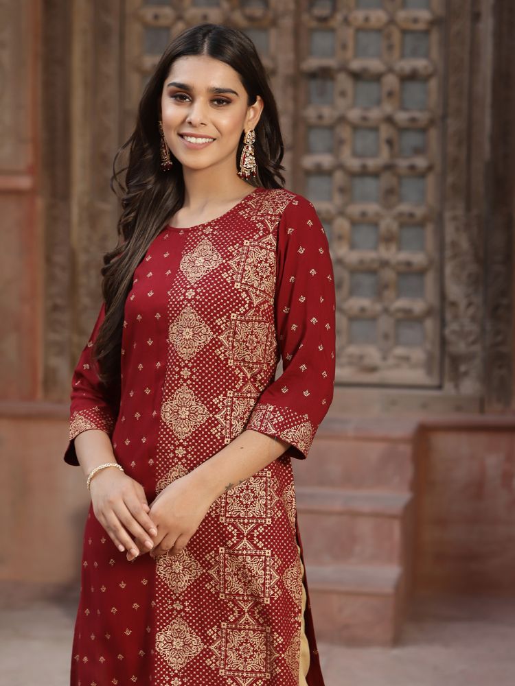 Juniper Women's Maroon Rayon Printed Straight Kurta | Grocsy