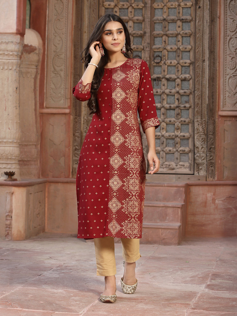 Juniper Women's Maroon Rayon Printed Straight Kurta | Grocsy