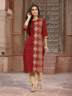 Juniper Women's Maroon Rayon Printed Straight Kurta | Grocsy