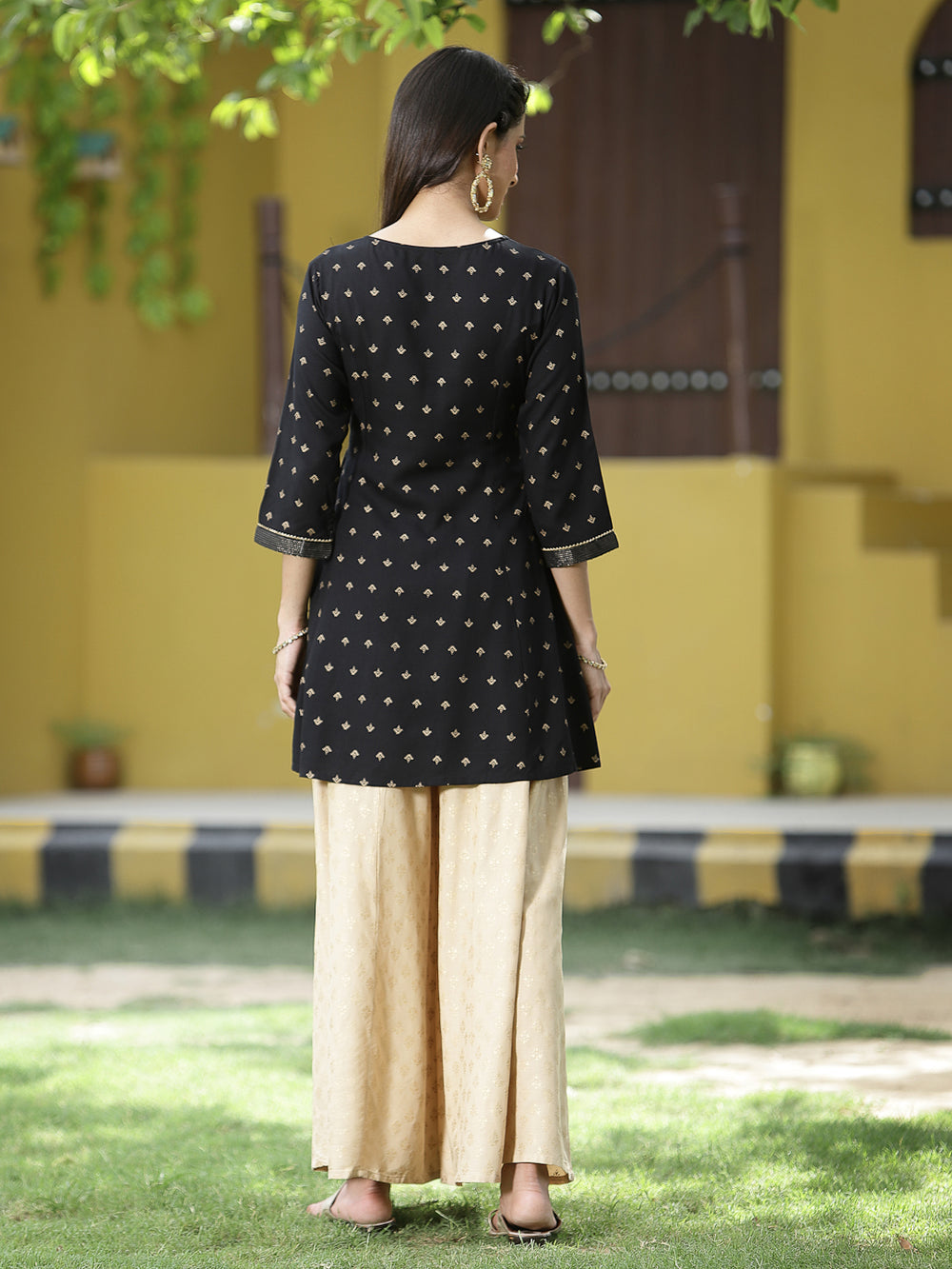 Juniper Black Rayon Festive Printed A-Line Tunic For Women | Grocsy