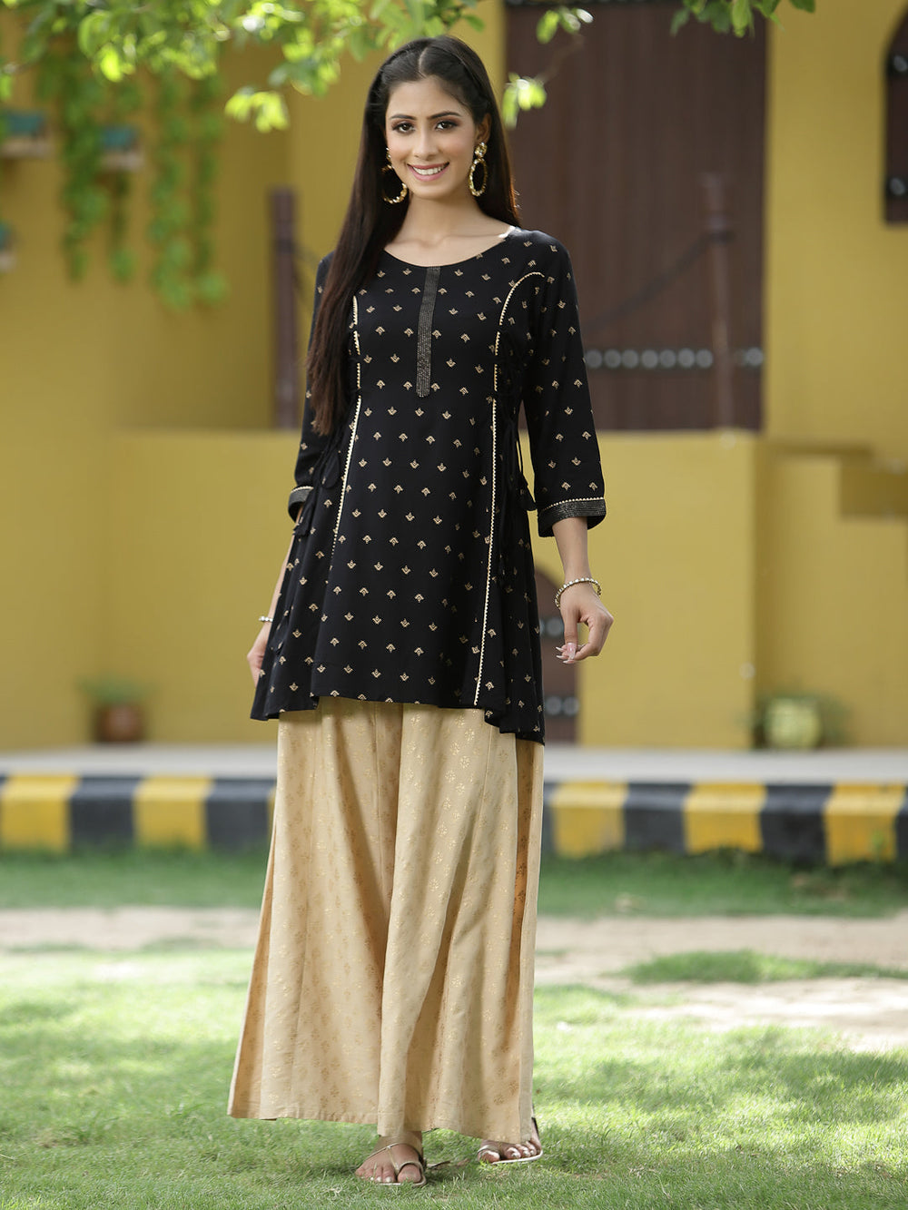 Juniper Black Rayon Festive Printed A-Line Tunic For Women | Grocsy
