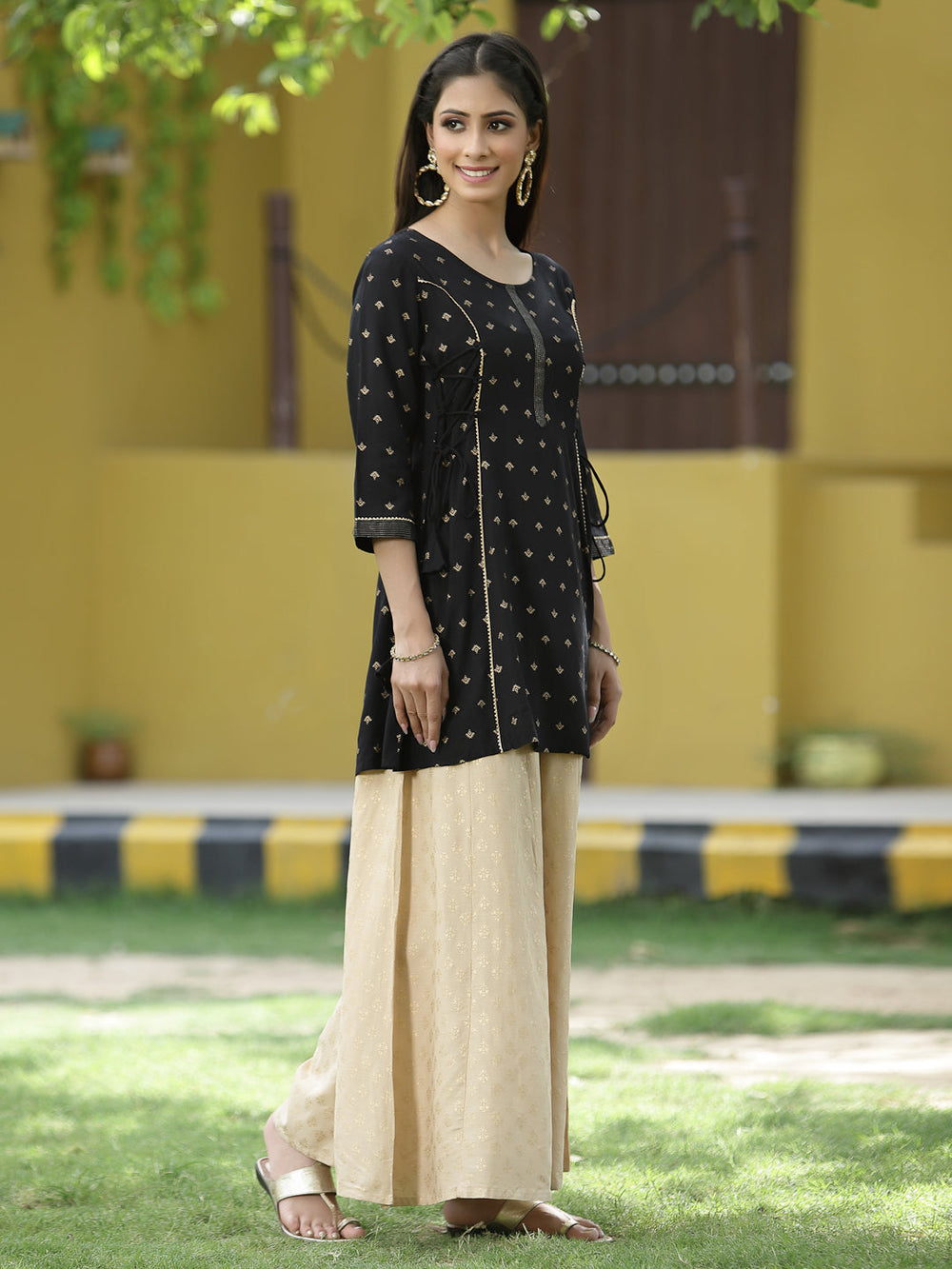 Juniper Black Rayon Festive Printed A-Line Tunic For Women | Grocsy