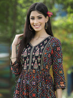Juniper Black Rayon Festive Printed Flared Kurta For Women | Grocsy