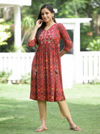 Juniper Red Rayon Festive Printed Flared Kurta For Women | Grocsy