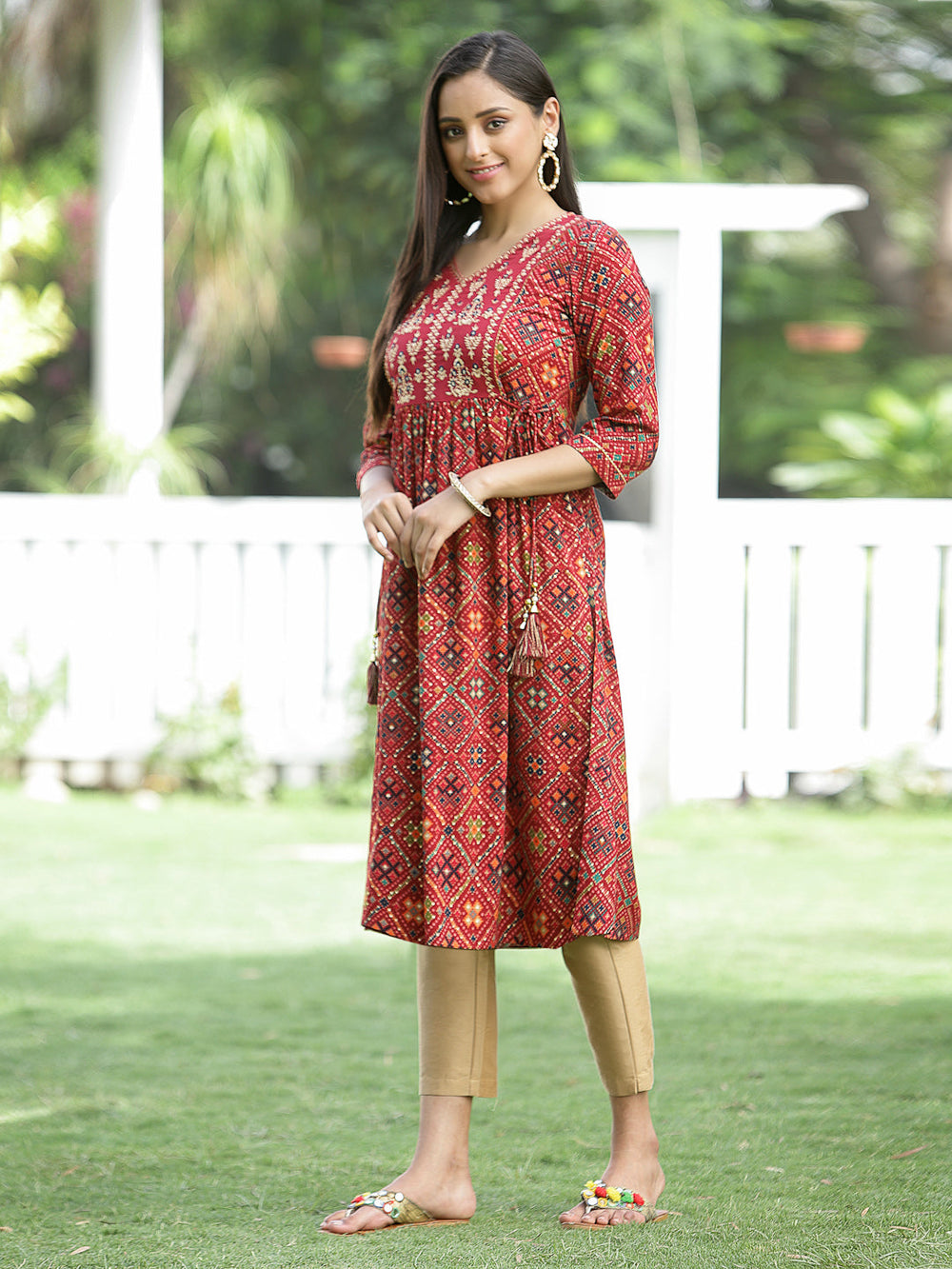 Juniper Red Rayon Festive Printed Flared Kurta For Women | Grocsy