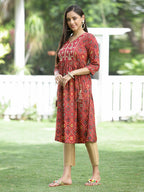 Juniper Red Rayon Festive Printed Flared Kurta For Women | Grocsy