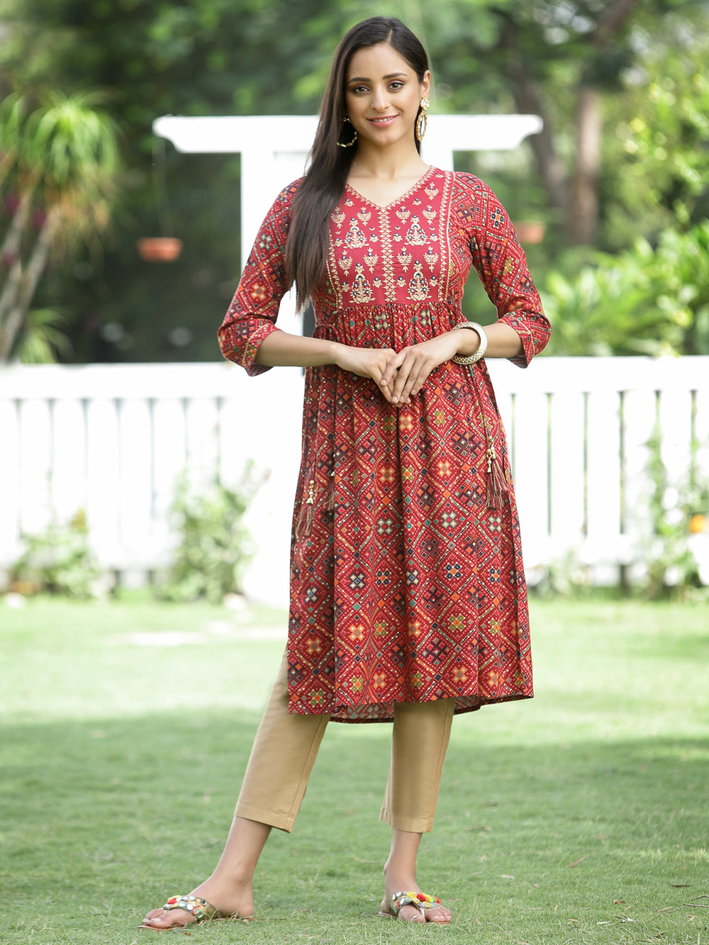 Juniper Red Rayon Festive Printed Flared Kurta For Women | Grocsy
