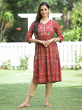Juniper Red Rayon Festive Printed Flared Kurta For Women | Grocsy