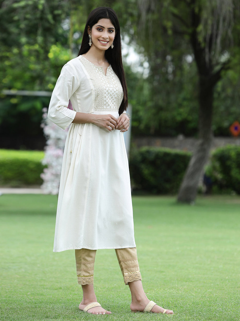 Juniper Women Ivory Rayon Festive Embroidered Flared Kurta | Grocsy