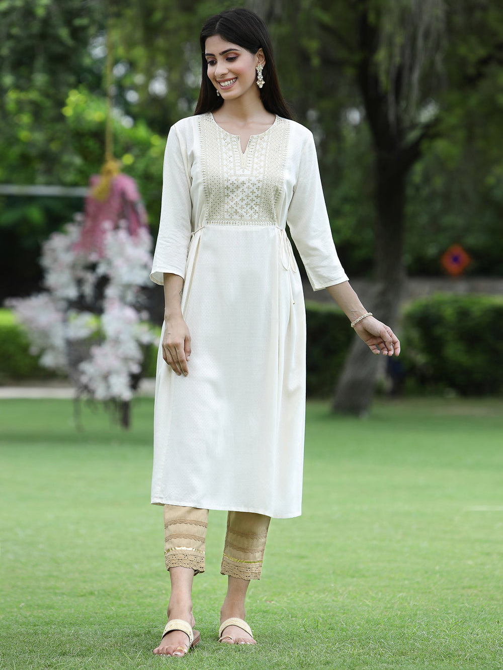 Juniper Women Ivory Rayon Festive Embroidered Flared Kurta | Grocsy