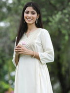 Juniper Women Ivory Rayon Festive Embroidered Flared Kurta | Grocsy