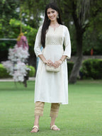 Juniper Women Ivory Rayon Festive Embroidered Flared Kurta | Grocsy