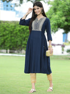Juniper Women Navy Rayon Festive Embroidered Flared Kurta | Grocsy