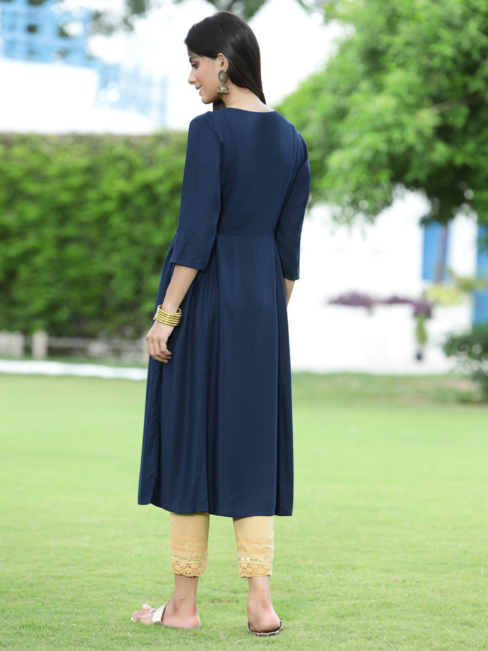 Juniper Women Navy Rayon Festive Embroidered Flared Kurta | Grocsy