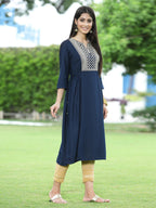 Juniper Women Navy Rayon Festive Embroidered Flared Kurta | Grocsy