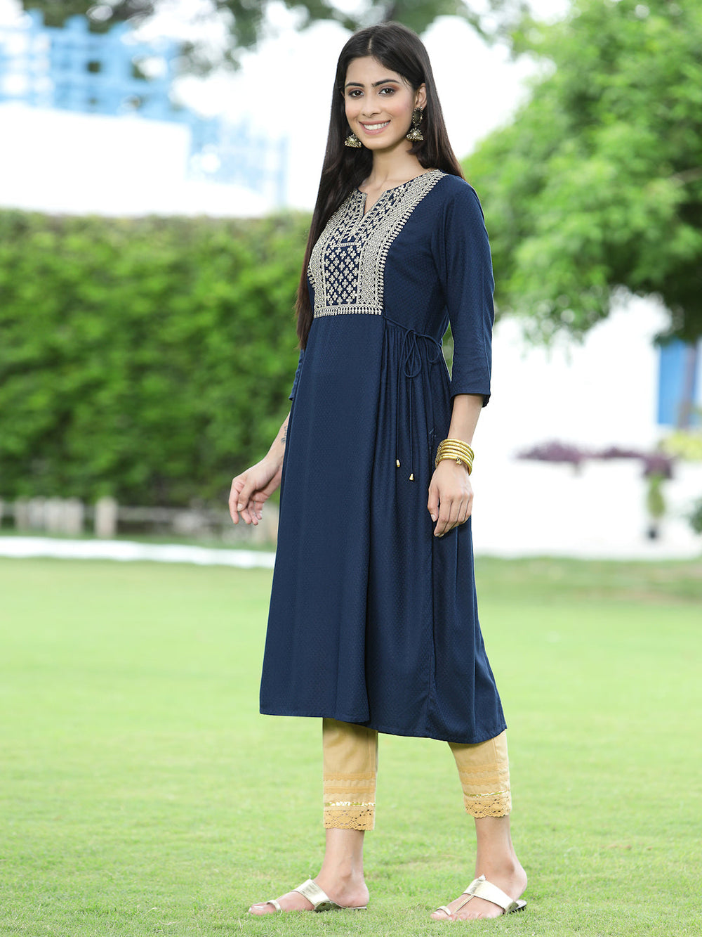 Juniper Women Navy Rayon Festive Embroidered Flared Kurta | Grocsy