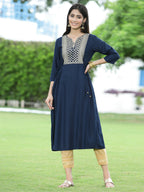 Juniper Women Navy Rayon Festive Embroidered Flared Kurta | Grocsy