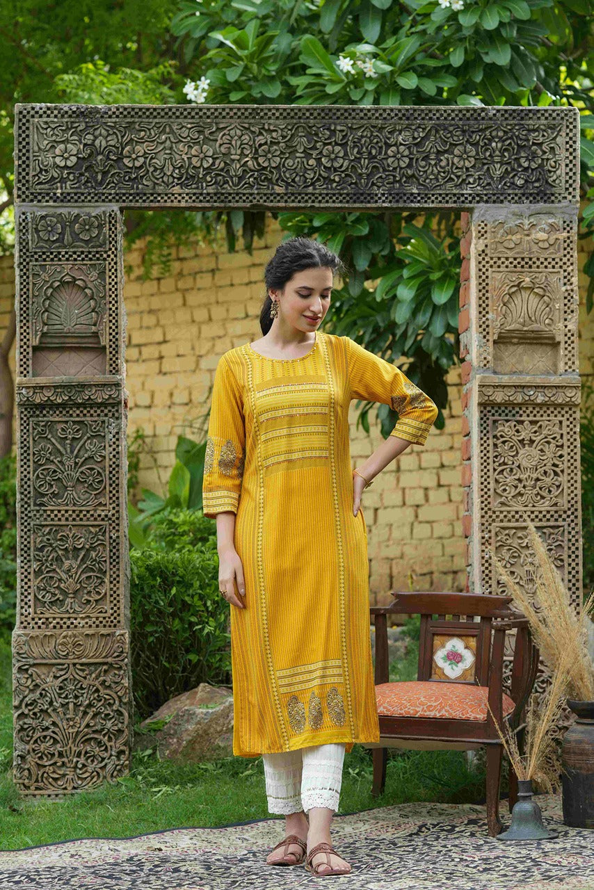 Juniper Mustard Rayon Festive Printed Straight Kurta For Women | Grocsy