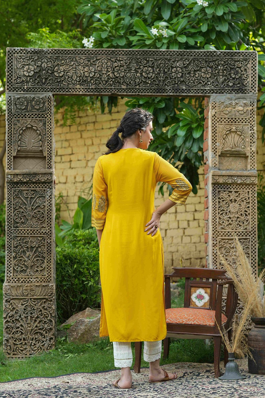 Juniper Mustard Rayon Festive Printed Straight Kurta For Women | Grocsy