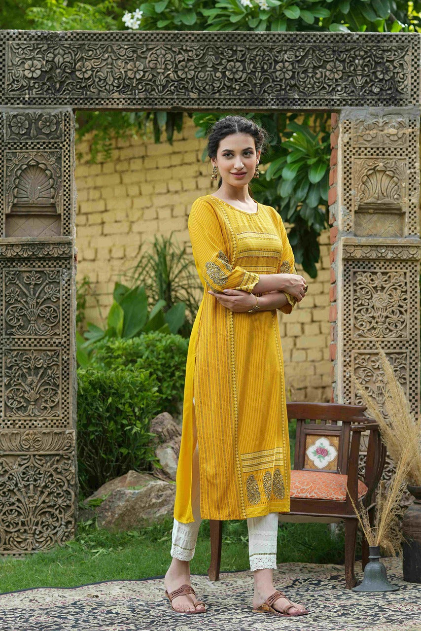 Juniper Mustard Rayon Festive Printed Straight Kurta For Women | Grocsy