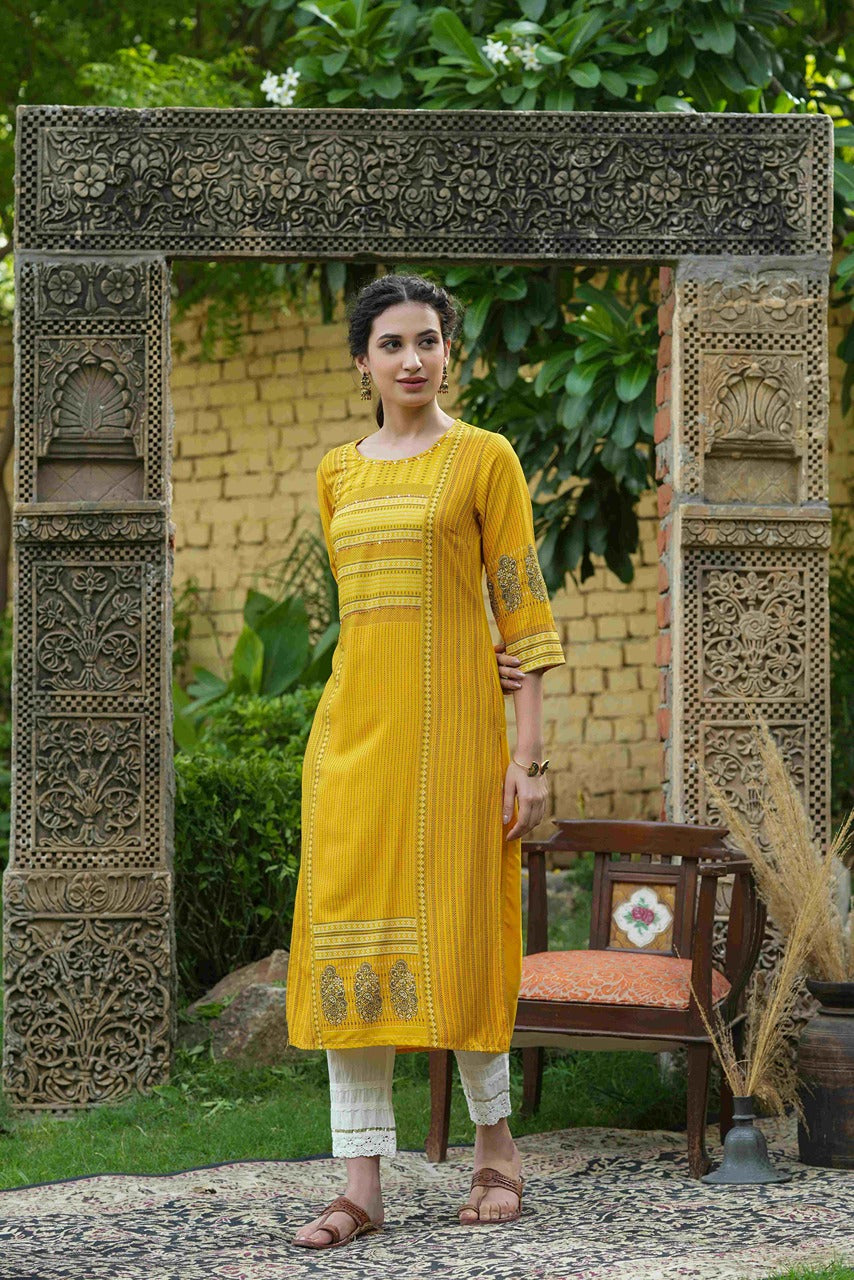 Juniper Mustard Rayon Festive Printed Straight Kurta For Women | Grocsy