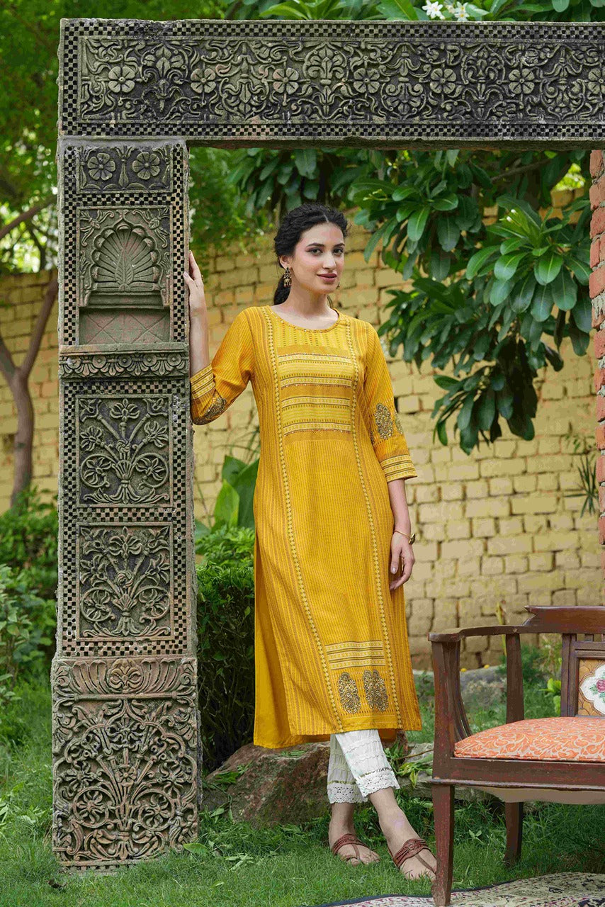 Juniper Mustard Rayon Festive Printed Straight Kurta For Women | Grocsy